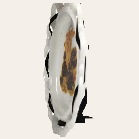 Vintage Victorian Lattice Edge Milk Glass Plate Black Poodles & Hanging Ribbon - Picture 4 of 7